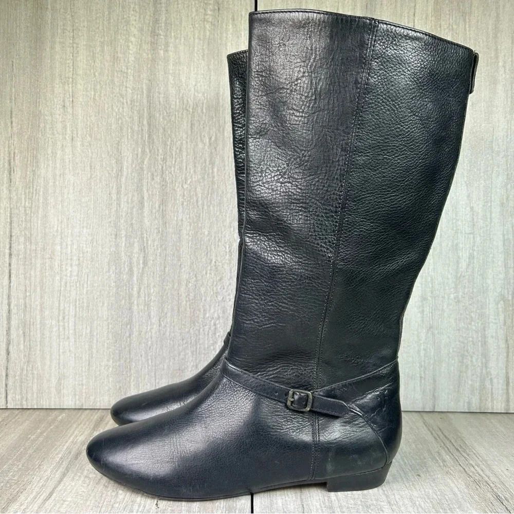 Frye Bonnie Black Leather Low Heel Flat Mid Calf Tall Ring Boots Women’s Size 6 - Picture 3 of 10